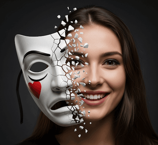 An artistic image of a theatrical mask shattering to reveal a normal, smiling human face, representing the dispelling of myths.