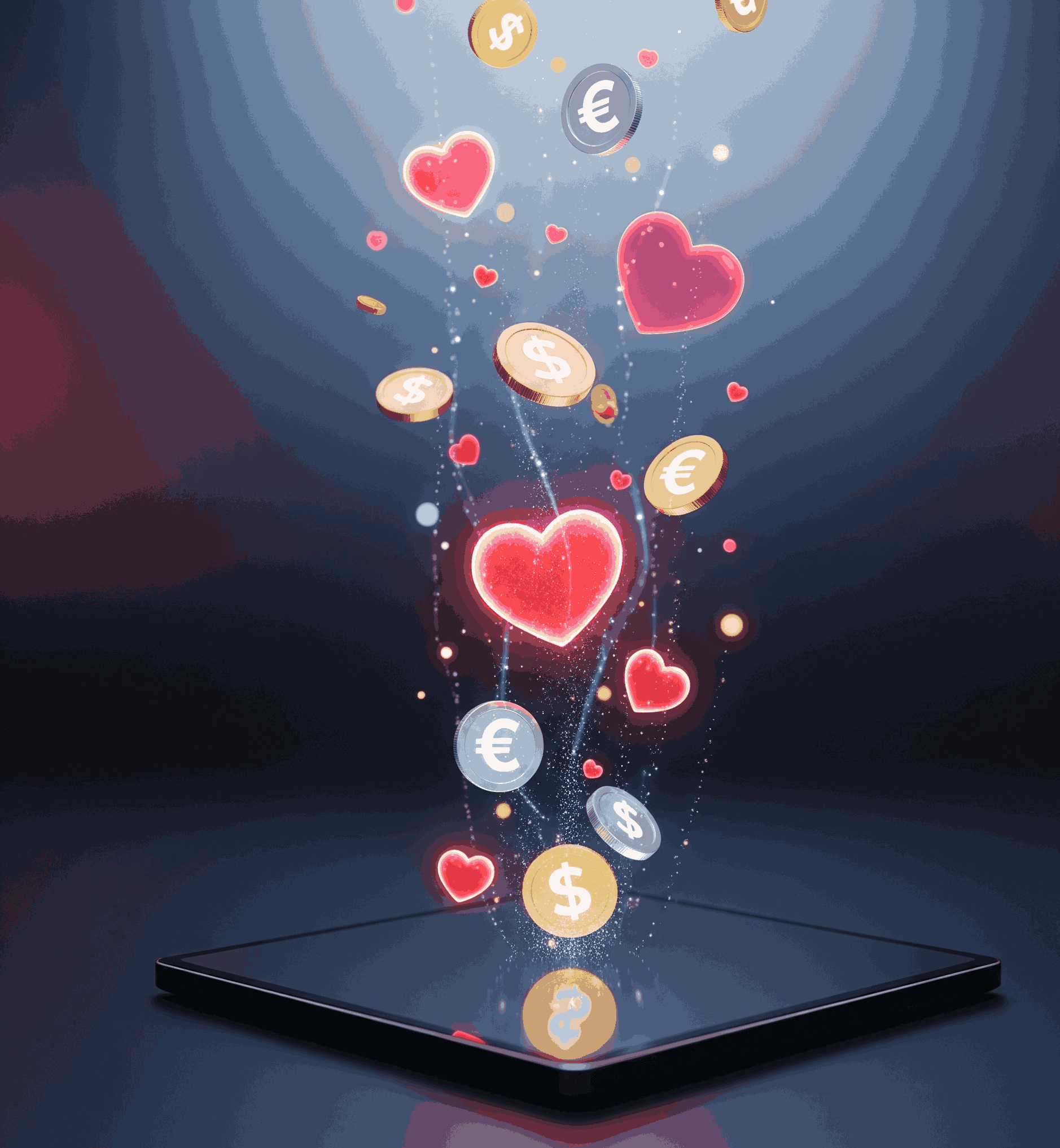 An artistic image showing glowing digital hearts and coins flowing towards a screen, representing online tipping